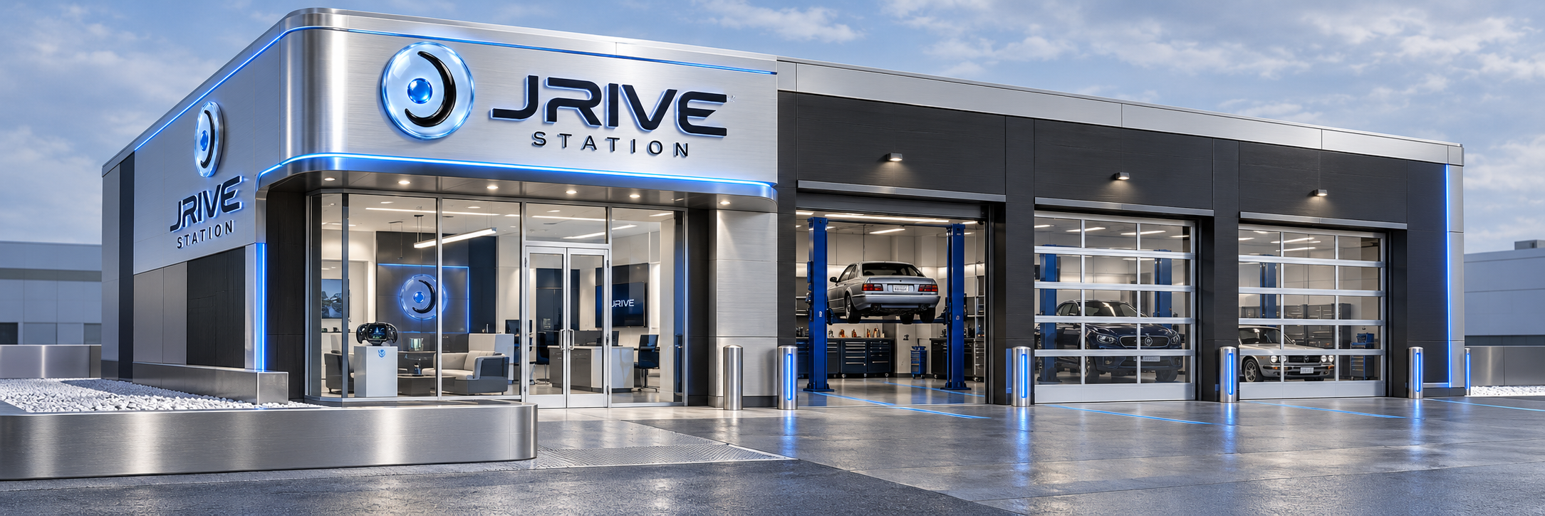 Proposed compact JRIVE Station renovation with office and showroom at left, three glazed service bays and lifts at right